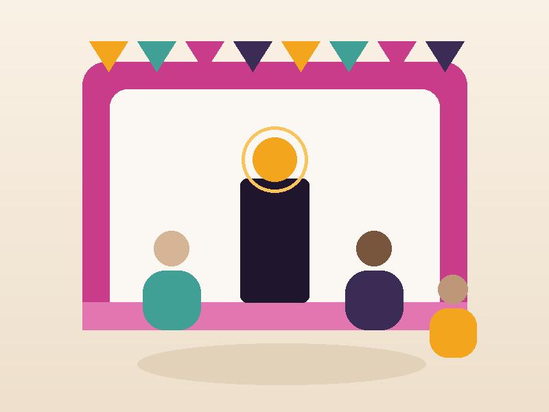 Colourful pop-up brand activation booth with visitors