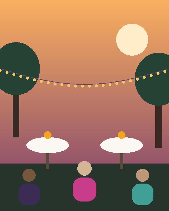 Garden party celebration with string lights at dusk